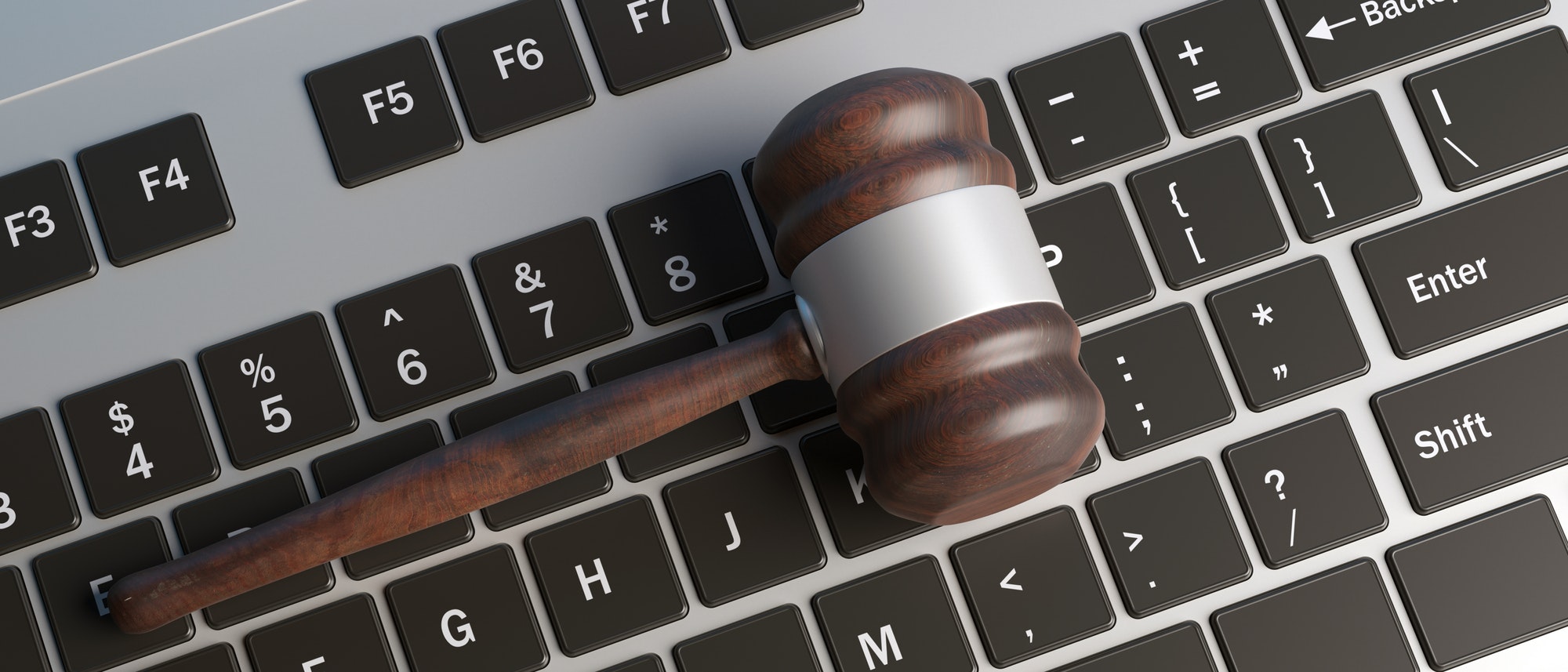 Cyber crime concept. Law gavel on computer keyboard, banner. Top view, 3d illustration